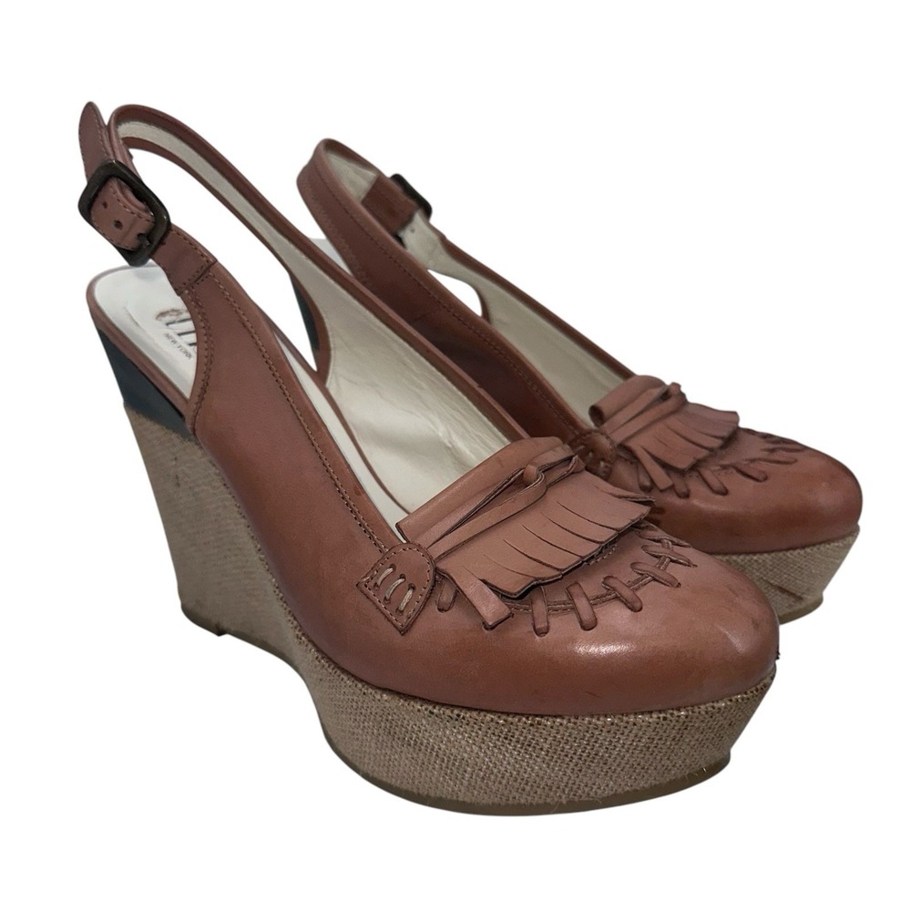 Tibi NYC Tan Leather Burlap Wedge Platform‎ Sandals Size 38.5 Womens 8